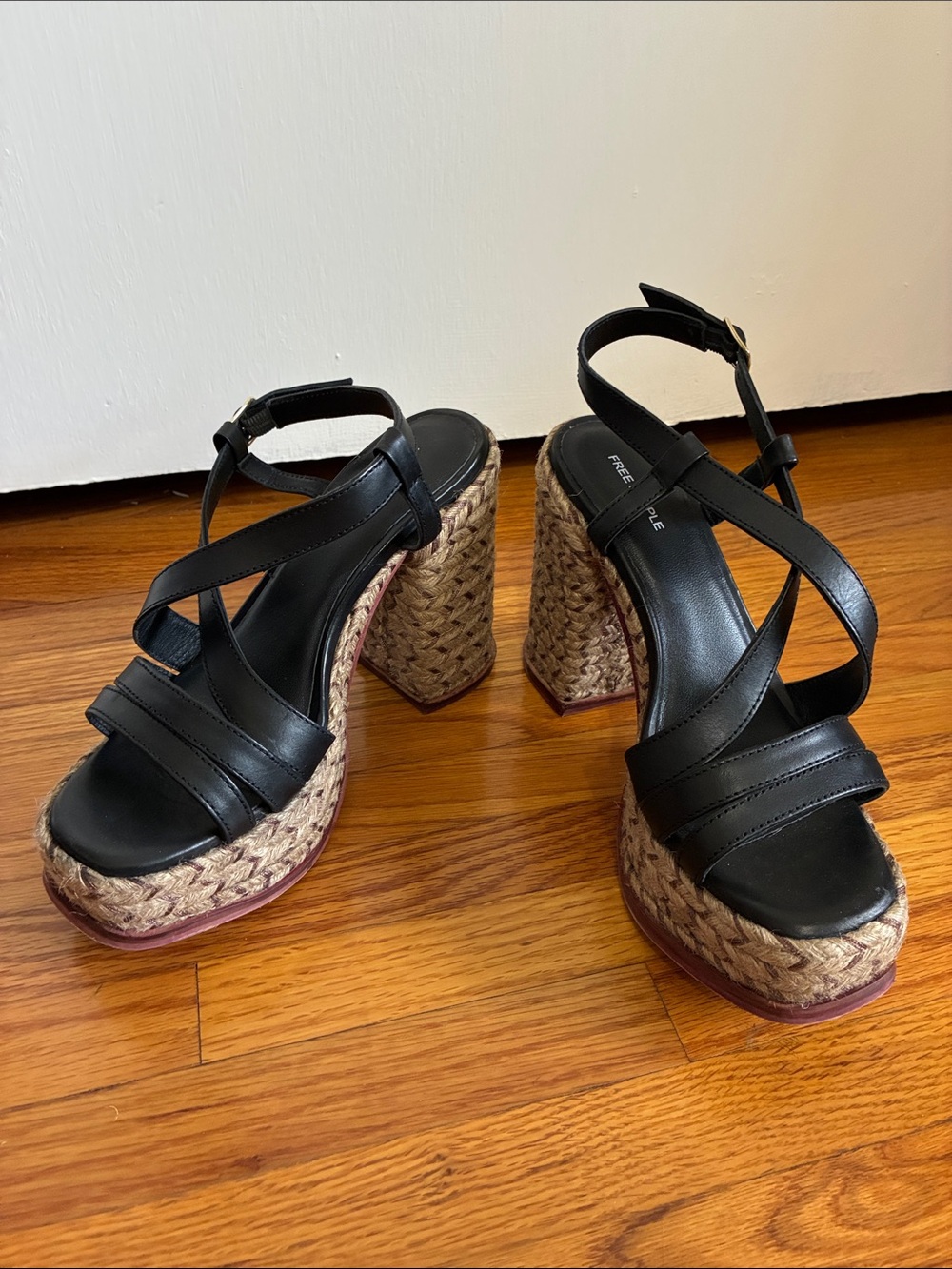 Free People Black Leather Platform Espadrille Sandals